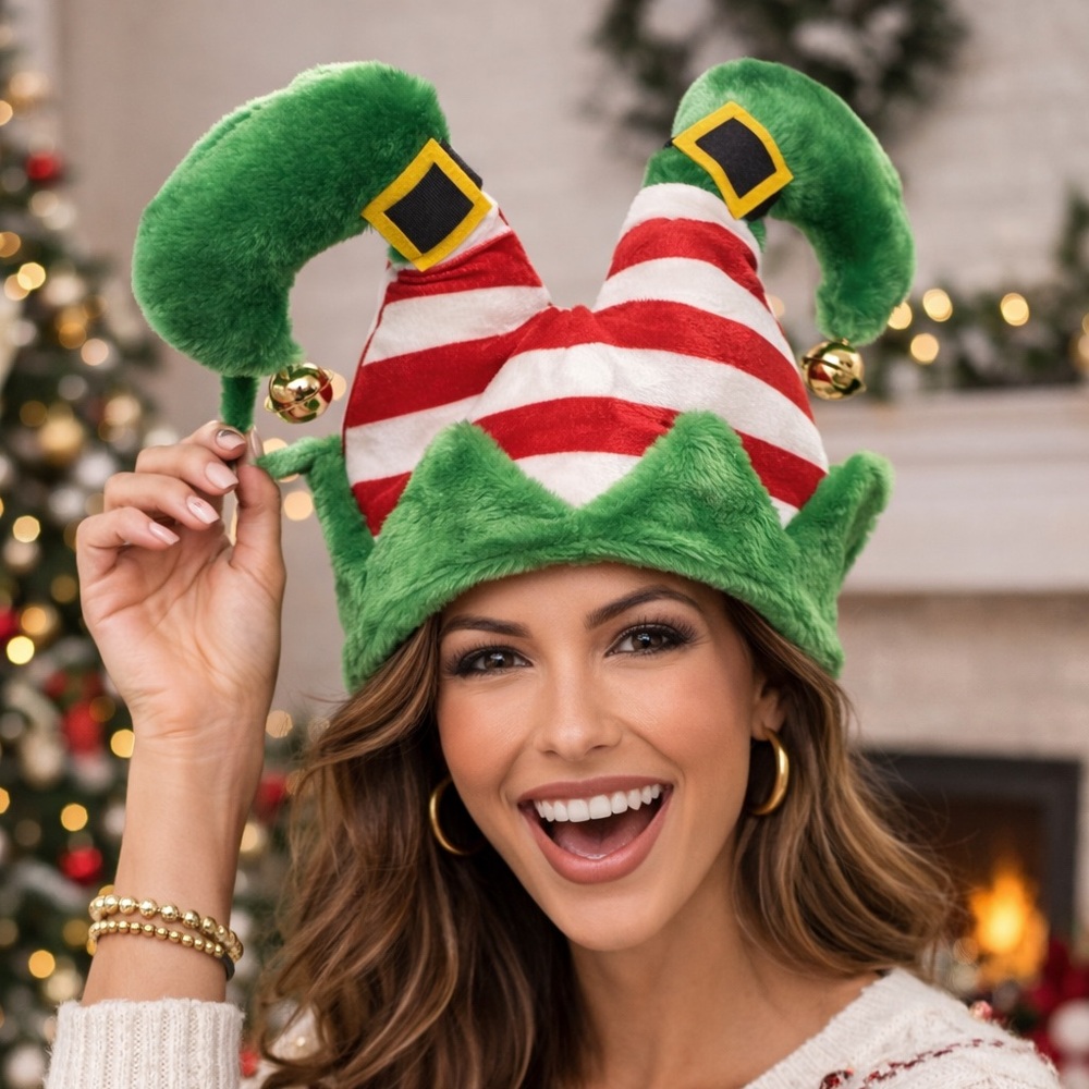 Adjoy Christmas Elf Adult‎ Party Hat One Size Fits Most Padded Lined w/Bells